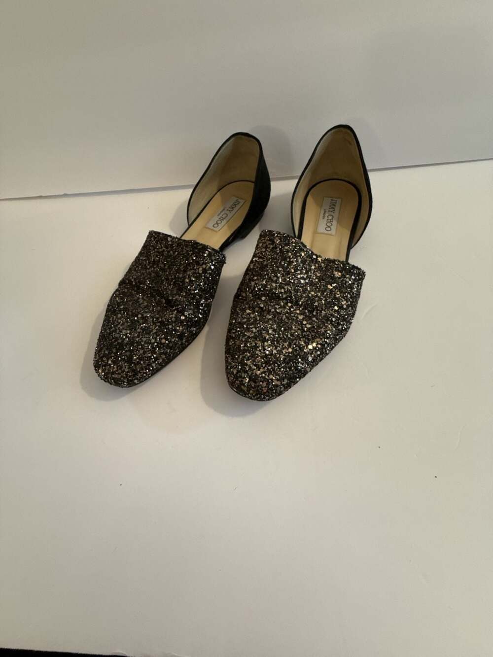 Jimmy Choo Globe Flat Glitter Ballet Flats Size 38.5 Black